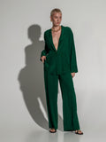 Green feather silk trousers