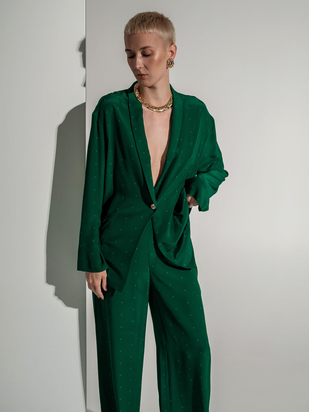 Green feather silk trousers