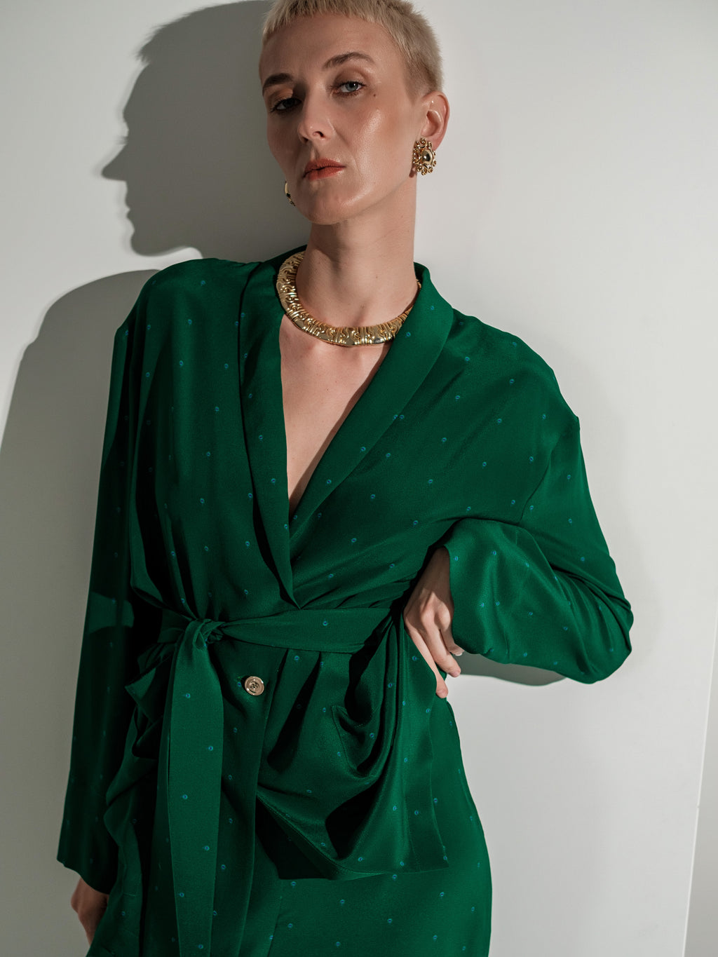 Green feather silk blazer