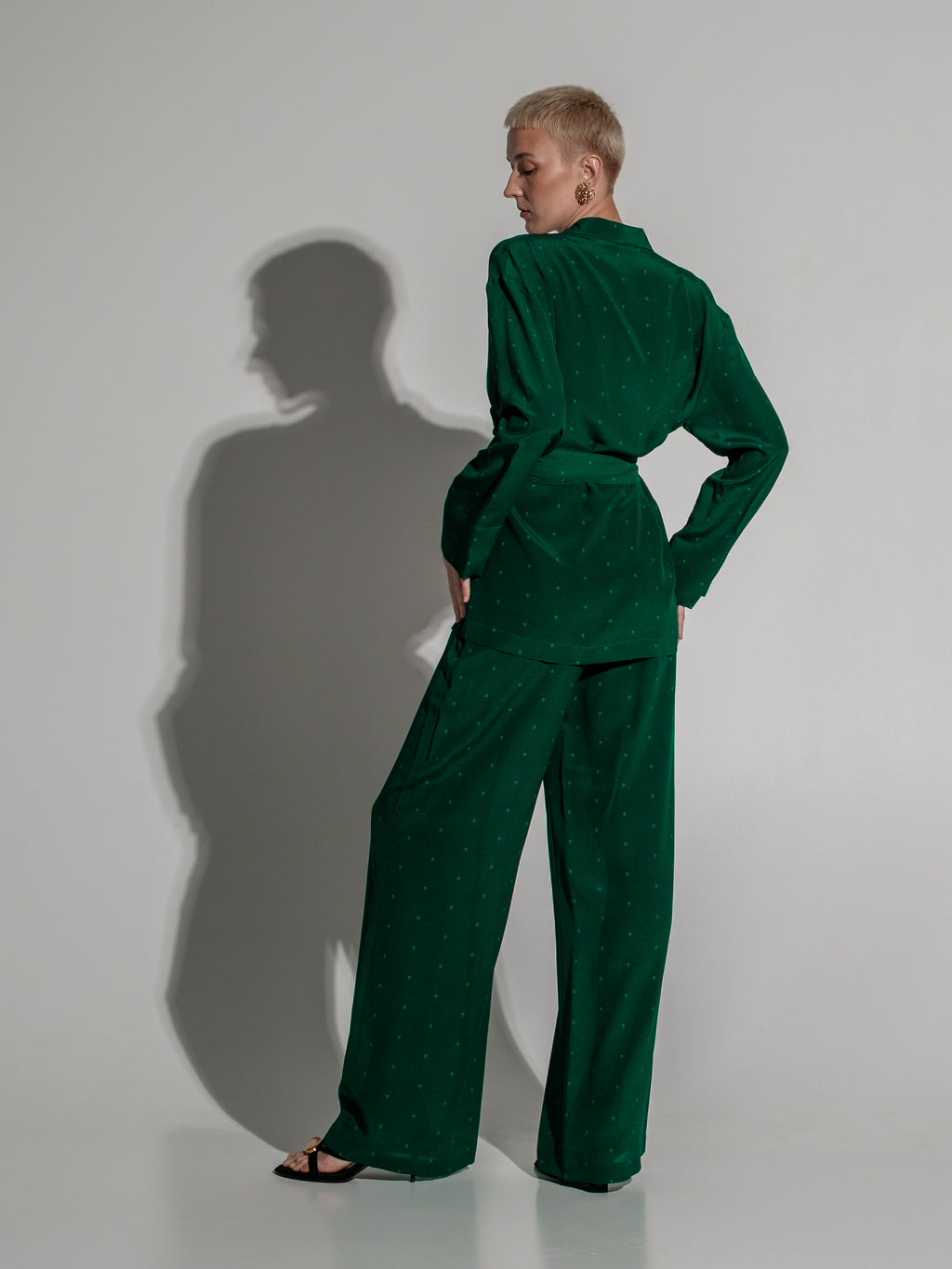 Green feather silk trousers