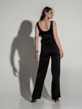 Black silk wide-leg trousers