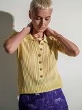 Ribbed knit short-sleeve yellow polo top
