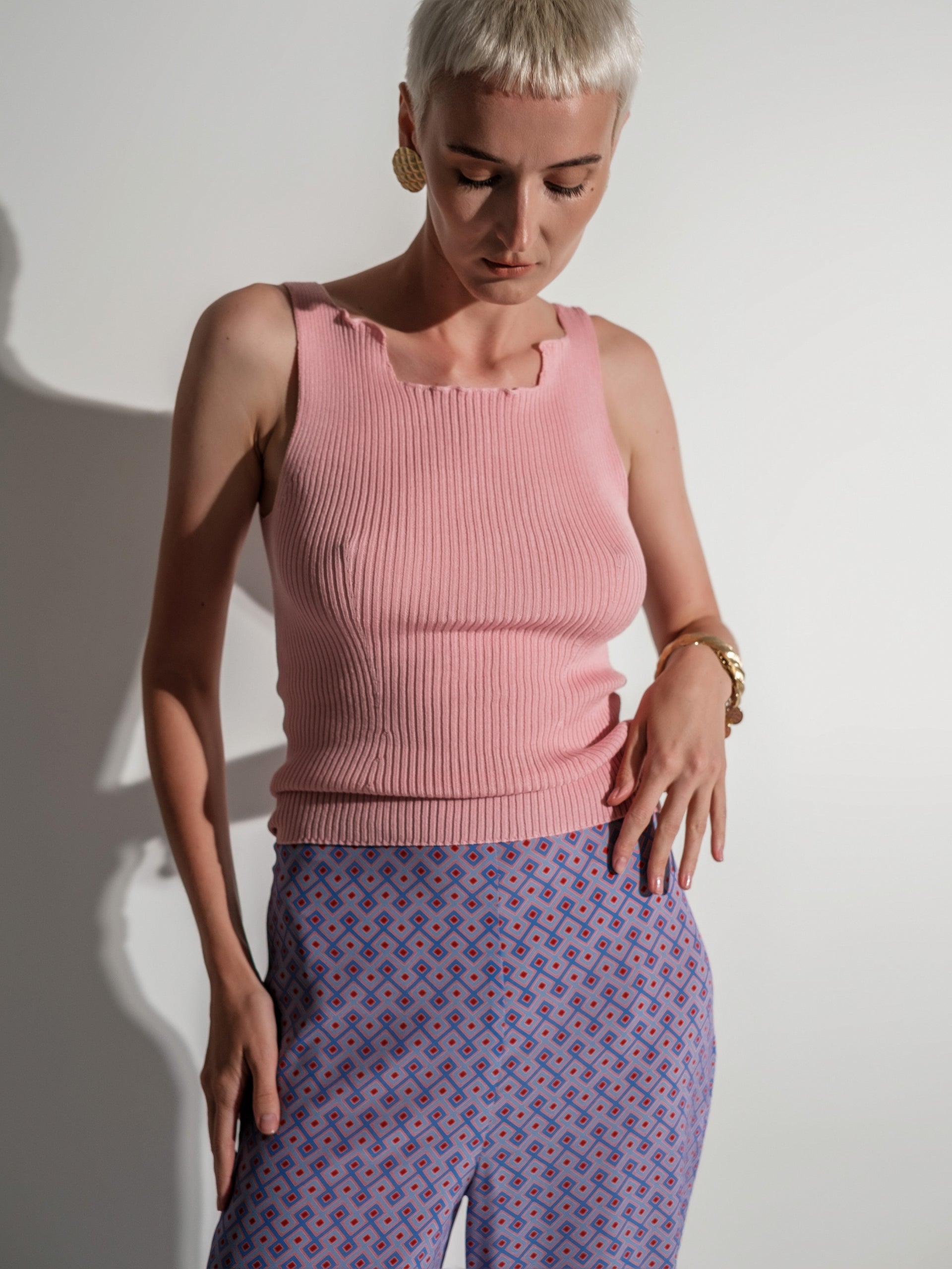 Pink ribbed sleeveless cotton/silk top