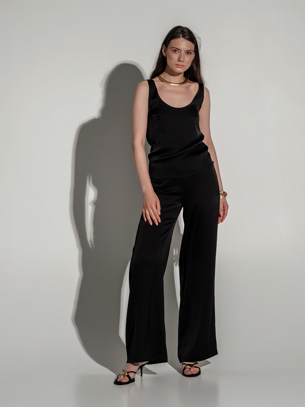 Black silk wide-leg trousers