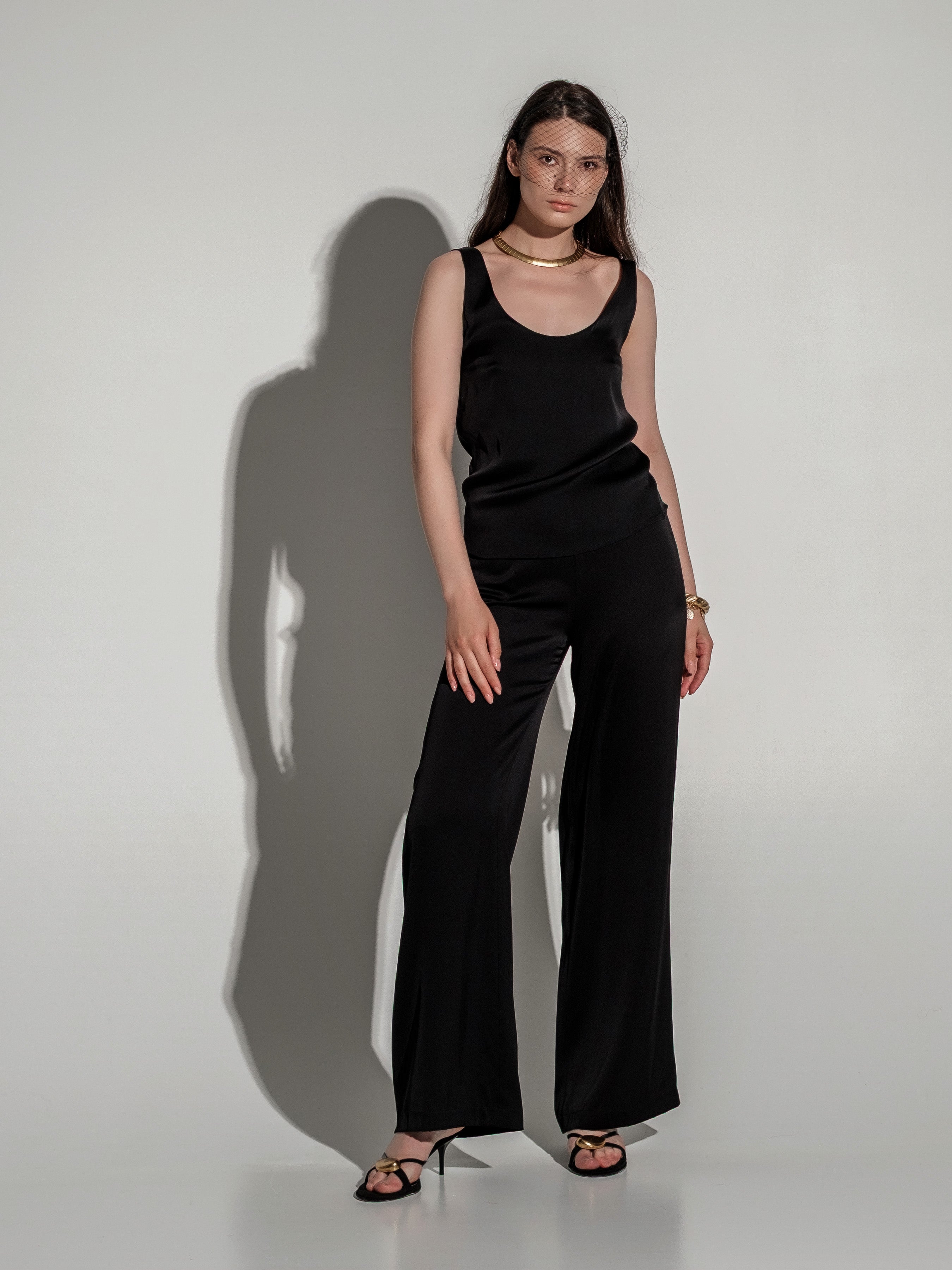 Black silk wide-leg trousers