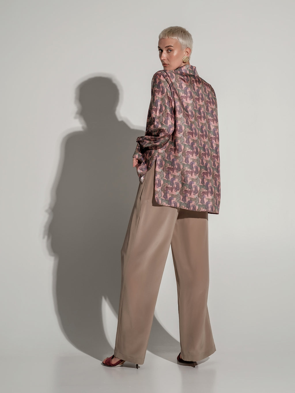 Beige silk wide-leg trousers