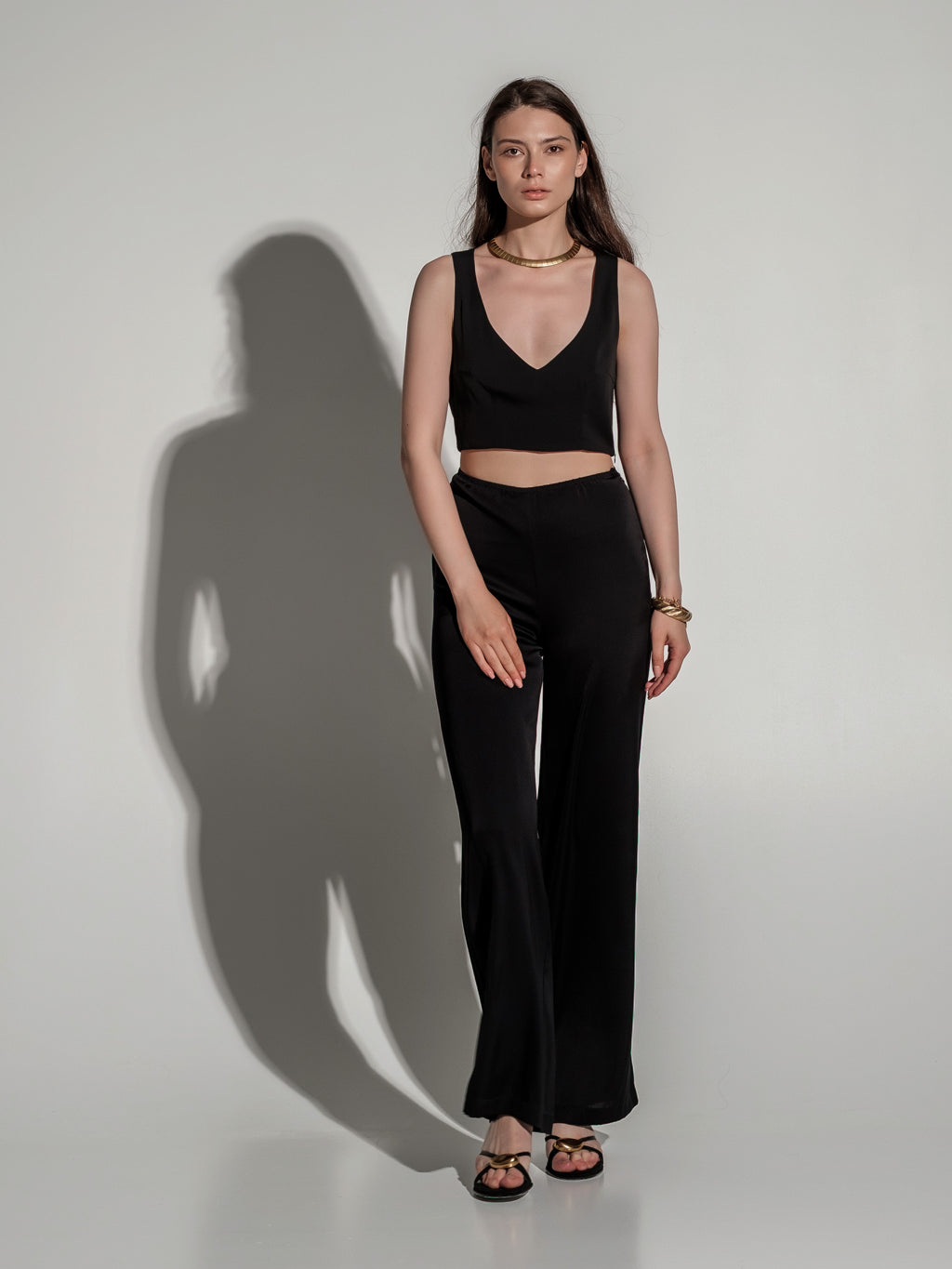 Black silk wide-leg trousers