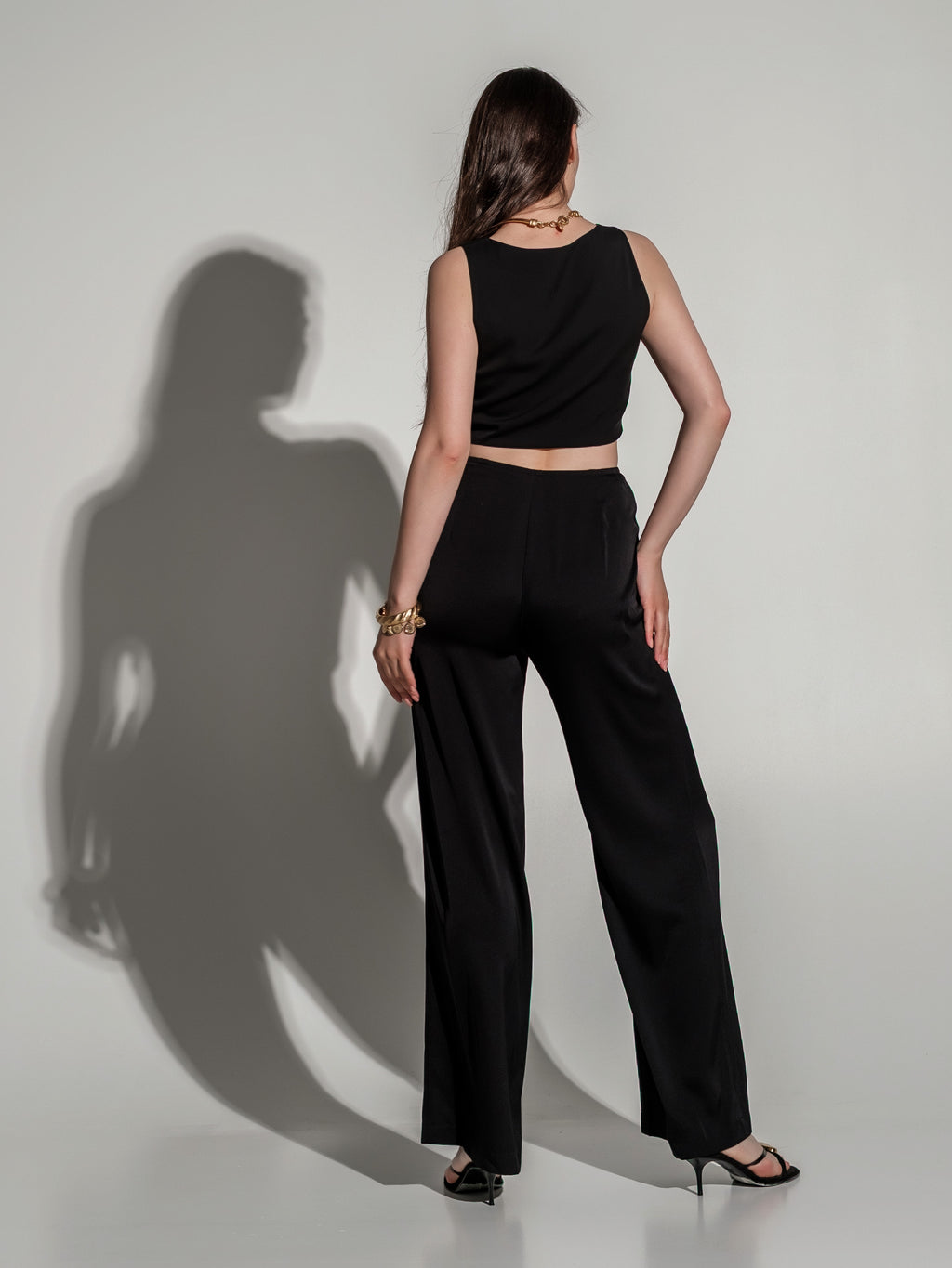 Black silk wide-leg trousers