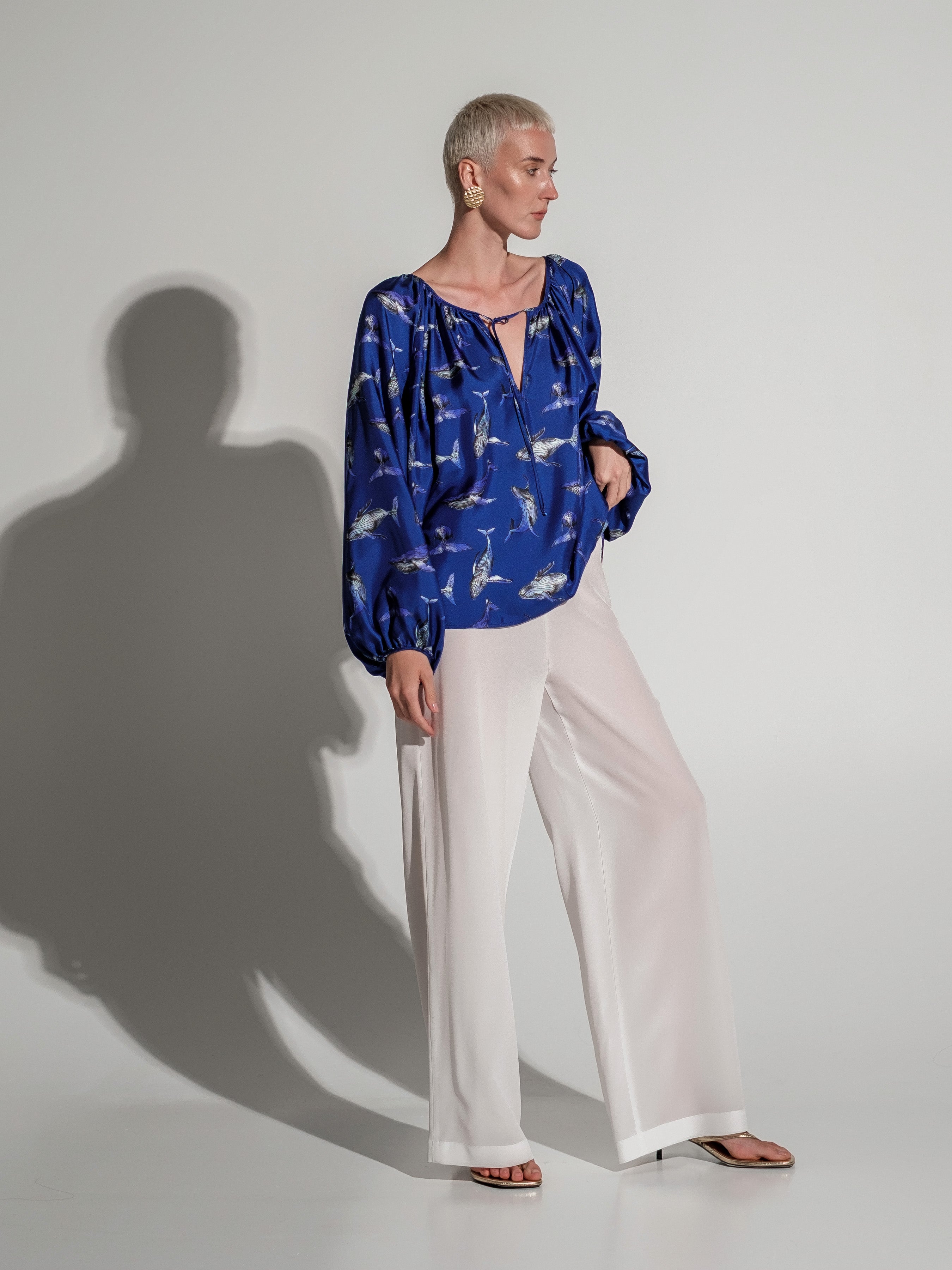 White silk wide-leg trousers