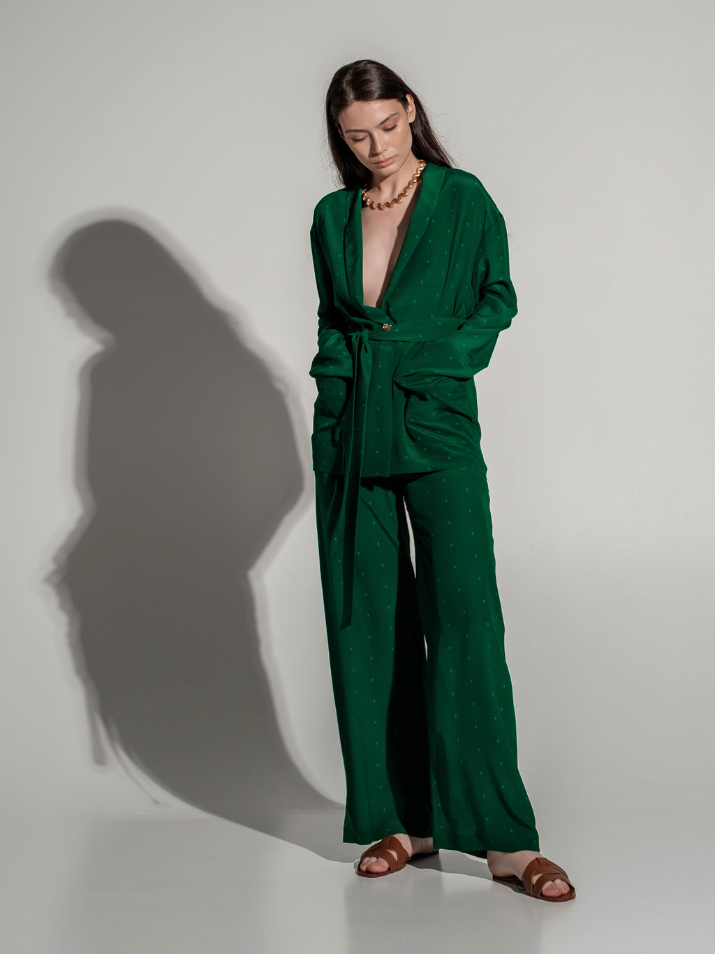 Green feather silk trousers