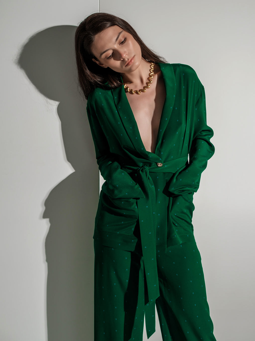 Green feather silk blazer