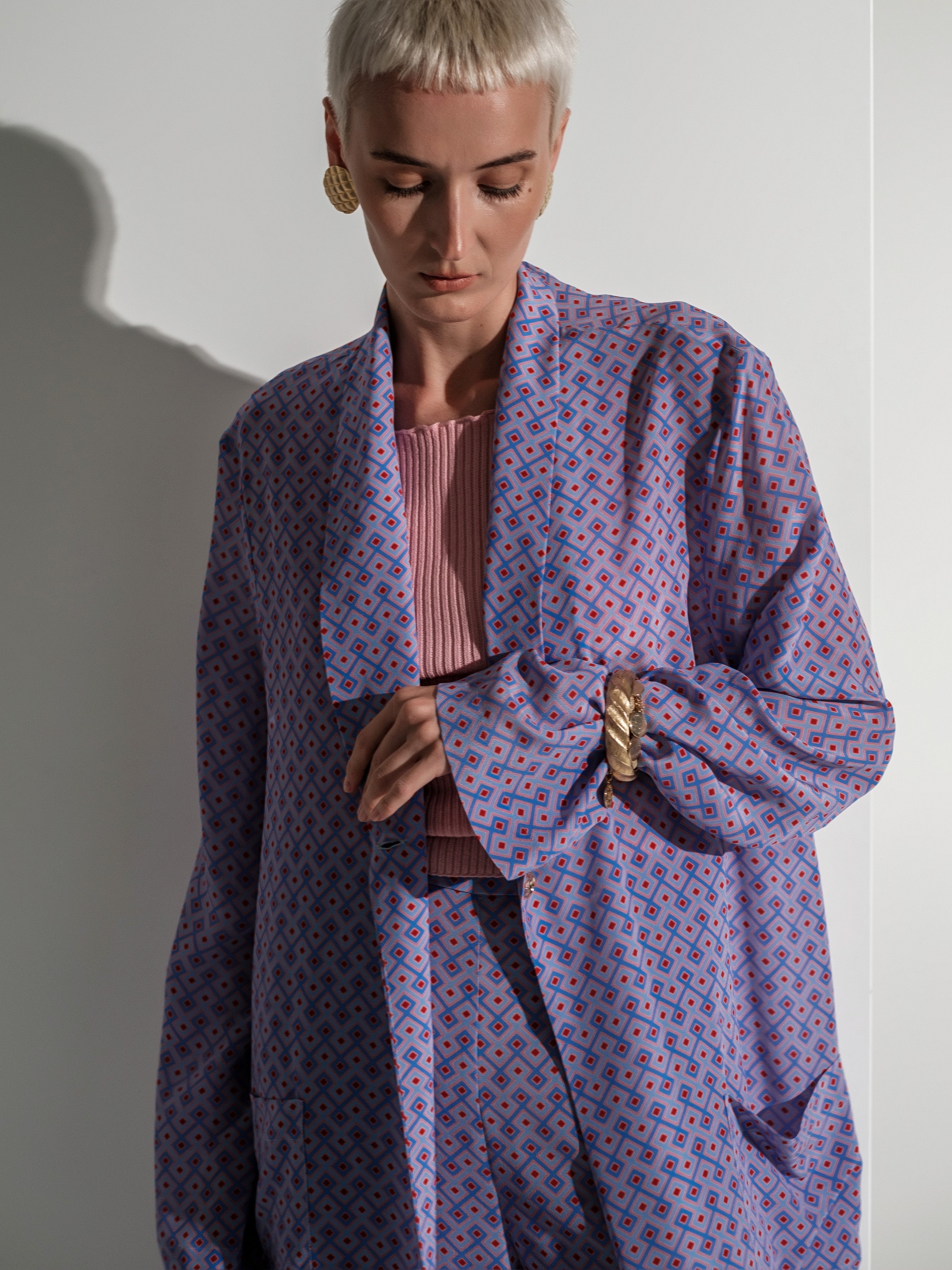 Geometric-Print Silk Kimono Maxi Dress