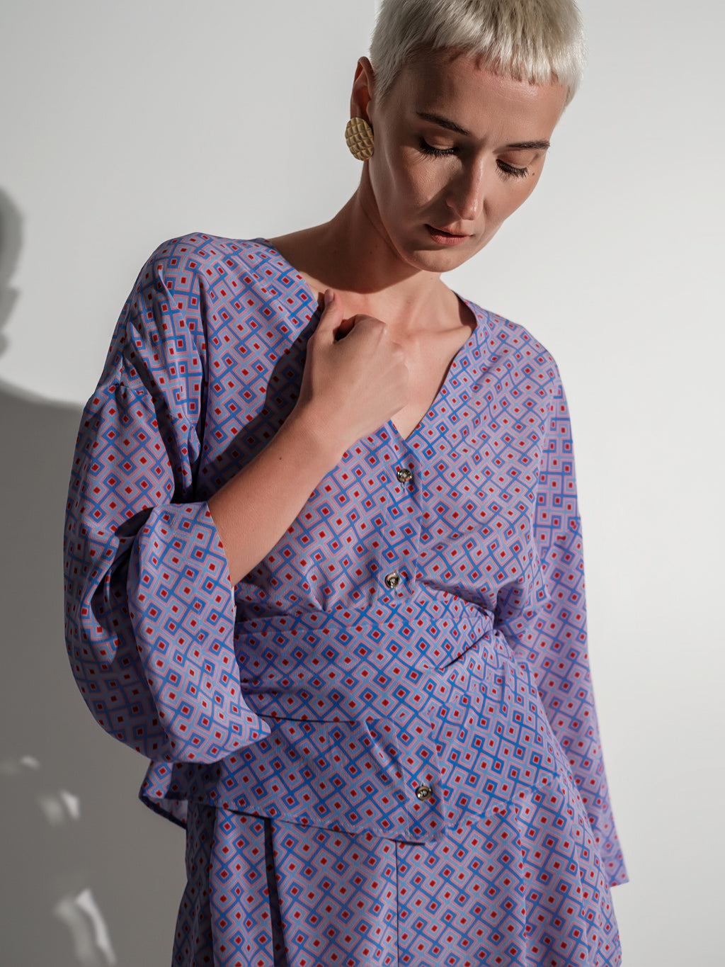 Geometric-Print Silk Blouse