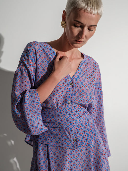 Geometric-Print Silk Blouse