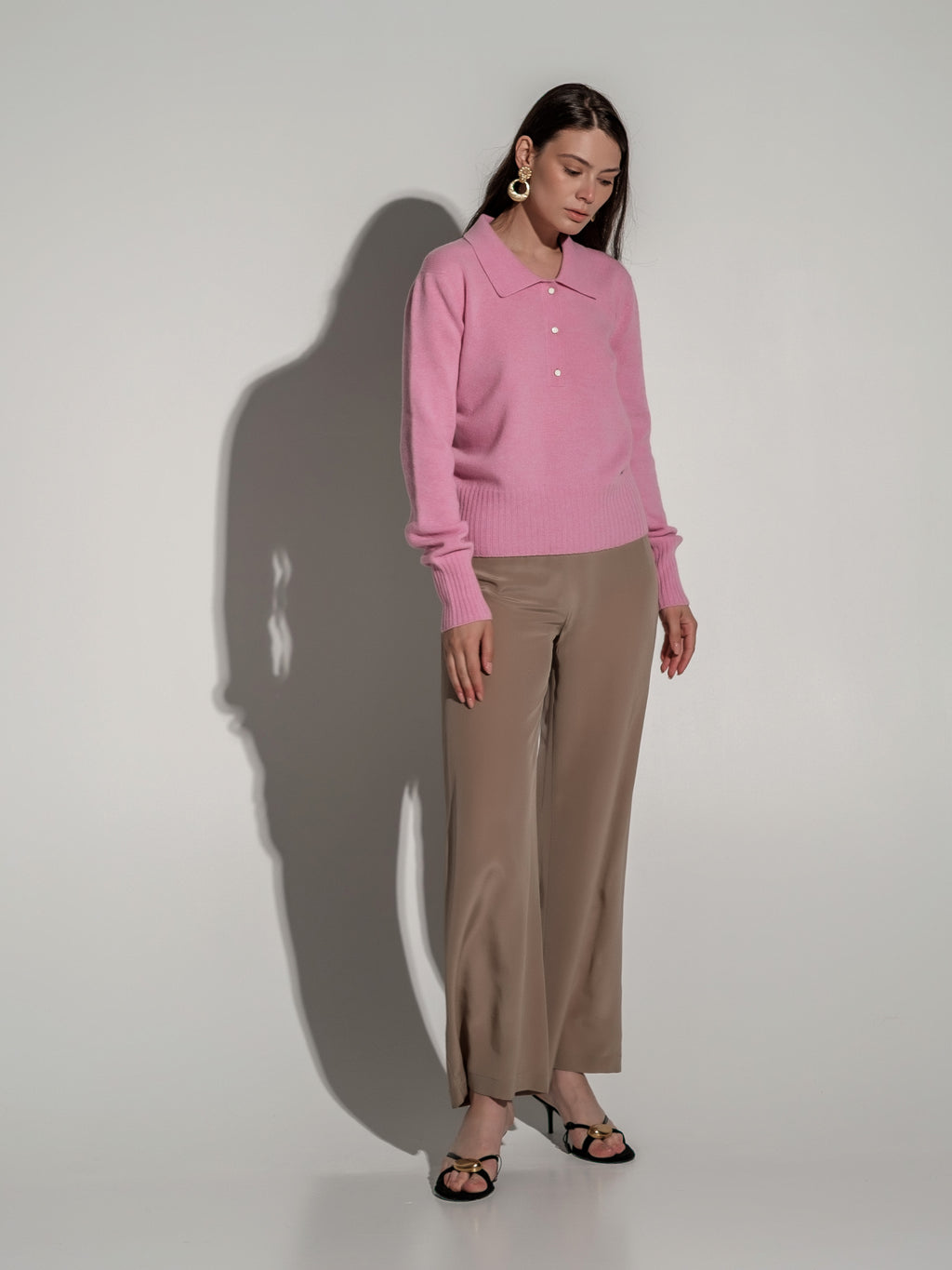 Beige silk wide-leg trousers